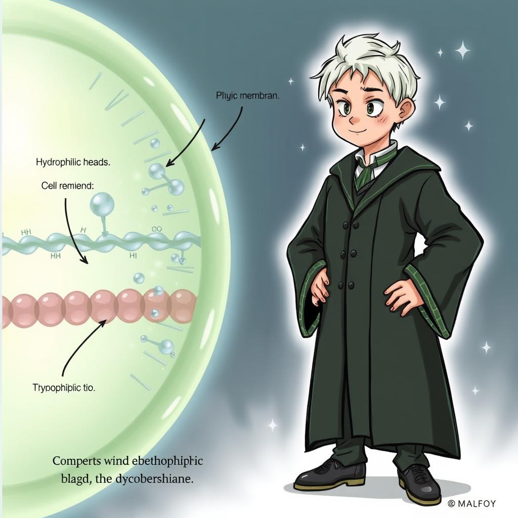 A detailed illustration showcasing the lipids of a cell membrane, focusing on the phospholipid bilayer structure, with clear representations of hydrophilic heads and hydrophobic tails