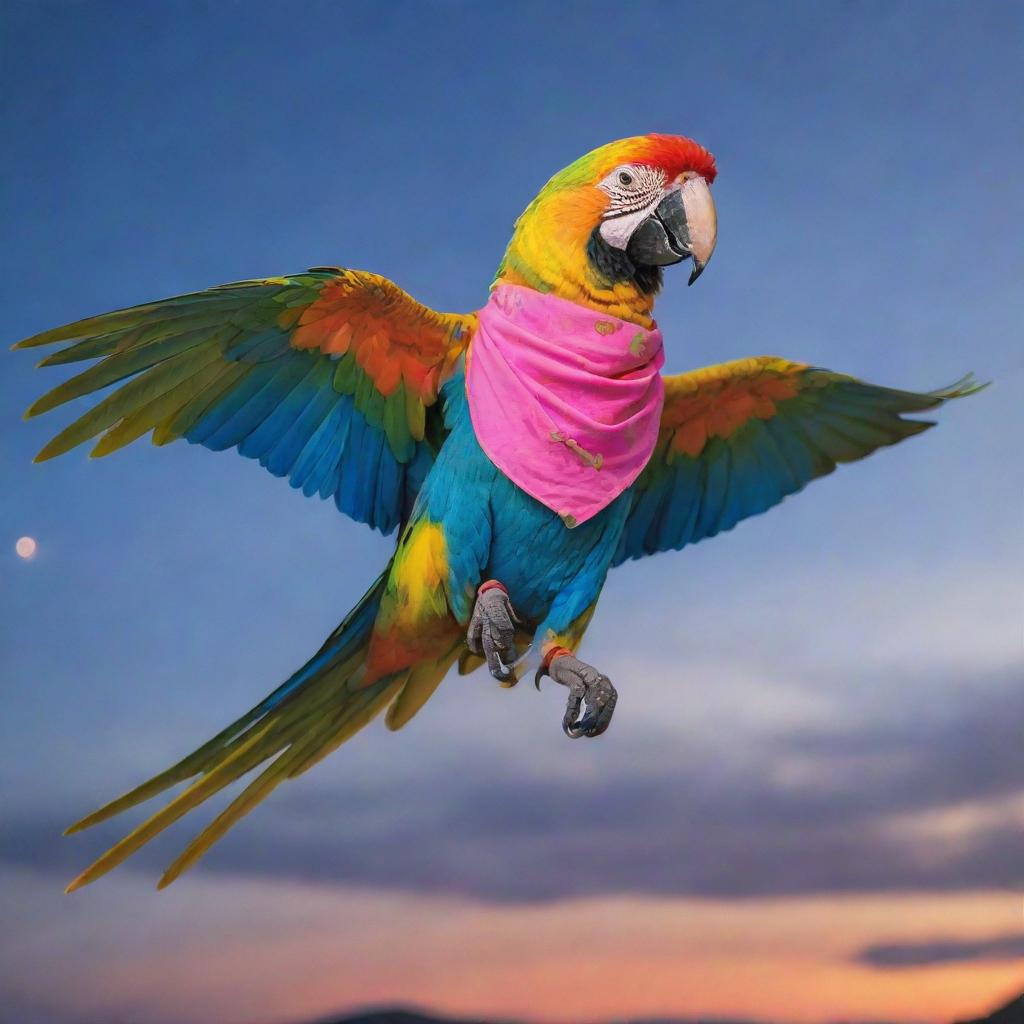 A vibrant parrot donned in neon fashion accessories, mid-flight against a dusk sky. The parrot sports neon sunglasses, a neon bandana, and matching leg-warmers.