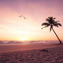 A serene beach scene during sunrise, with golden sunlight reflecting off the calm ocean waves