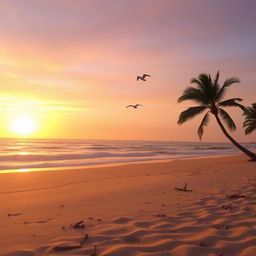 A serene beach scene during sunrise, with golden sunlight reflecting off the calm ocean waves