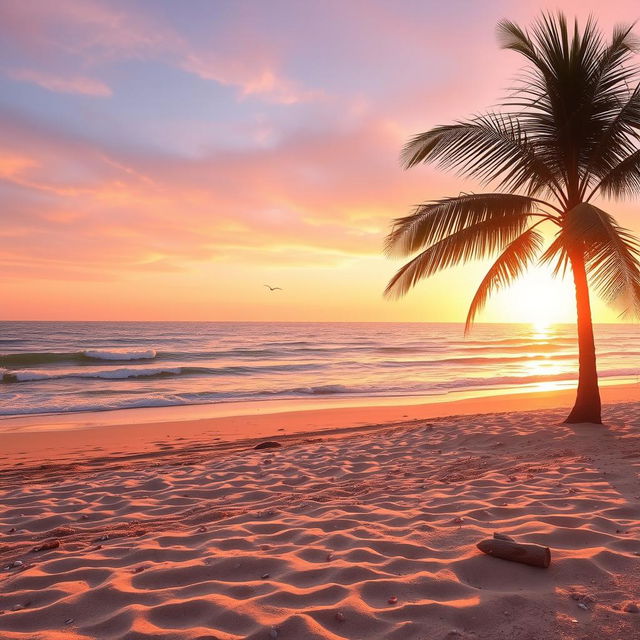 A serene beach scene during sunrise, with golden sunlight reflecting off the calm ocean waves