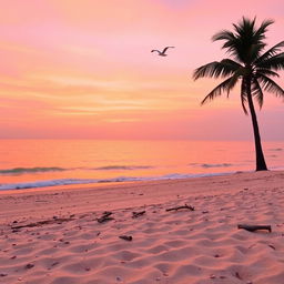 A serene beach scene during sunrise, with golden sunlight reflecting off the calm ocean waves