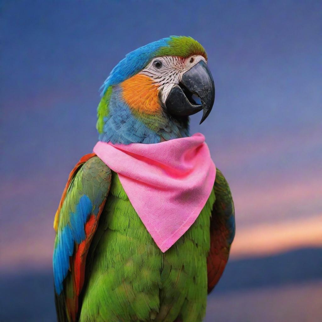 A vibrant parrot donned in neon fashion accessories, mid-flight against a dusk sky. The parrot sports neon sunglasses, a neon bandana, and matching leg-warmers.