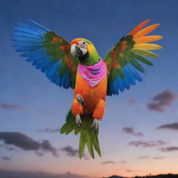 A vibrant parrot donned in neon fashion accessories, mid-flight against a dusk sky. The parrot sports neon sunglasses, a neon bandana, and matching leg-warmers.