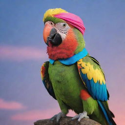 A vibrant parrot donned in neon fashion accessories, mid-flight against a dusk sky. The parrot sports neon sunglasses, a neon bandana, and matching leg-warmers.