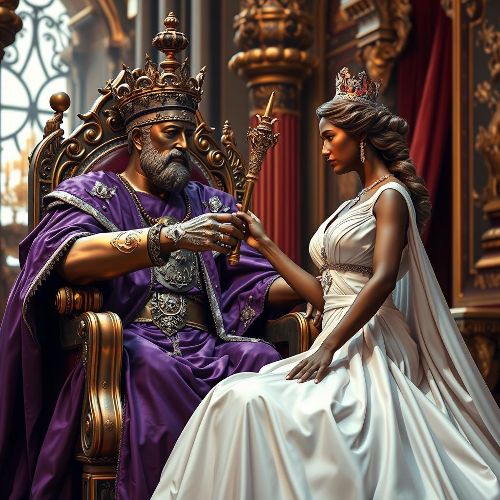 A regal scene featuring a bronzed king dressed in a luxurious purple robe, elegantly seated on an ornate throne
