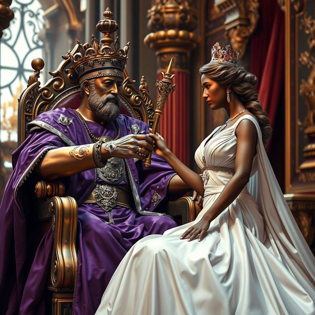 A regal scene featuring a bronzed king dressed in a luxurious purple robe, elegantly seated on an ornate throne