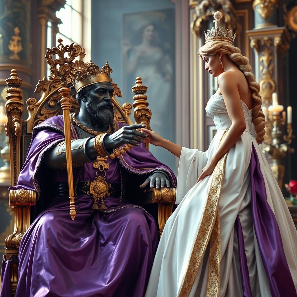 A regal scene featuring a bronzed king dressed in a luxurious purple robe, elegantly seated on an ornate throne