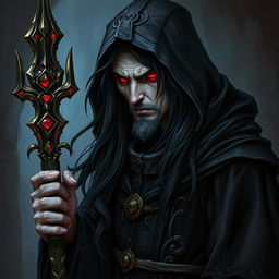 A drow wizard with flesh-colored skin and striking red eyes, showcasing long flowing black hair