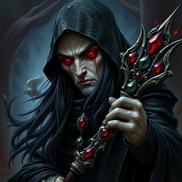 A drow wizard with flesh-colored skin and striking red eyes, showcasing long flowing black hair