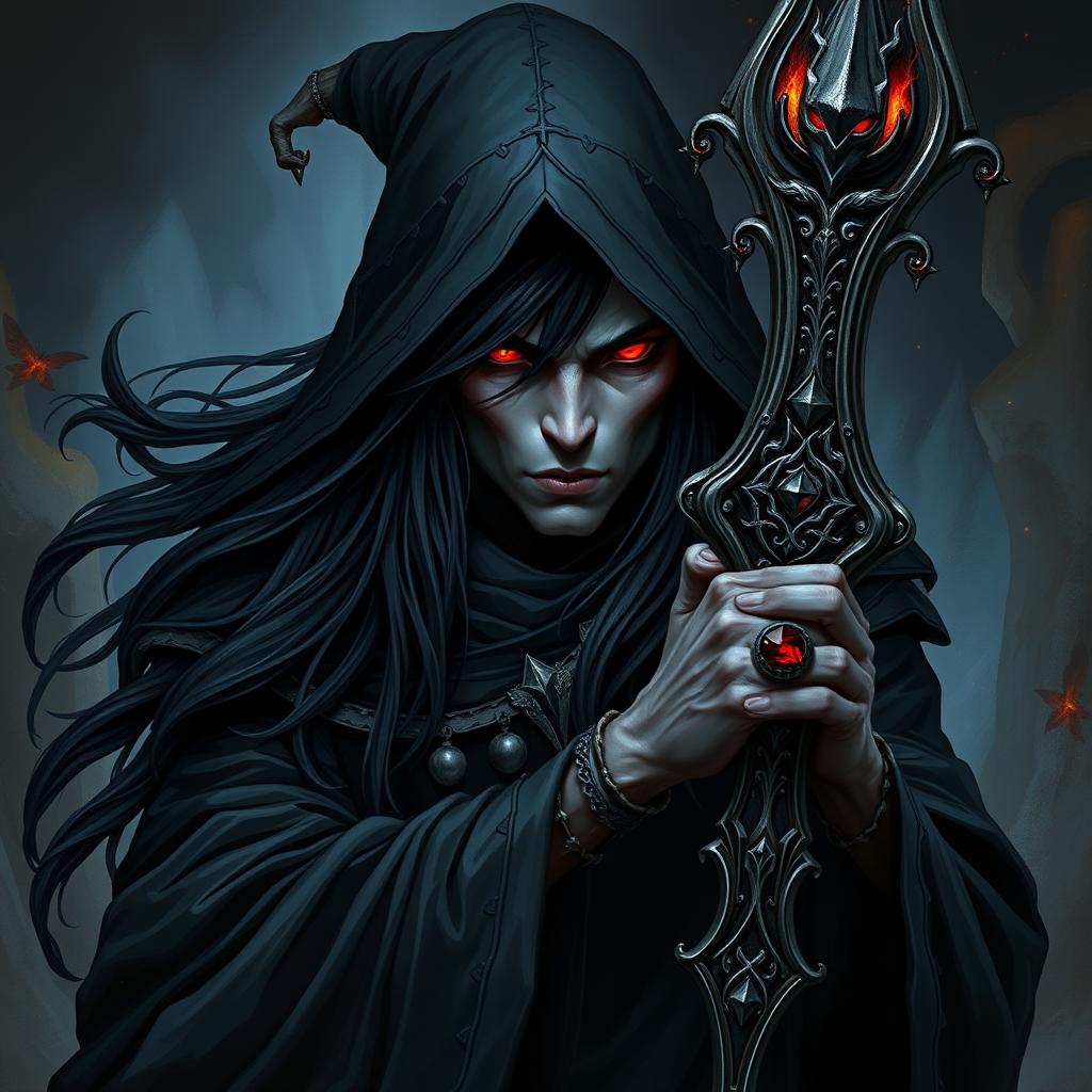 A drow wizard with flesh-colored skin and striking red eyes, showcasing long flowing black hair