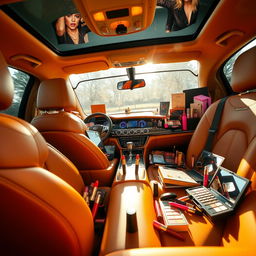 A vibrant, luxurious car interior filled with an extensive array of colorful makeup products