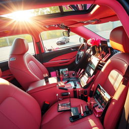 A vibrant, luxurious car interior filled with an extensive array of colorful makeup products