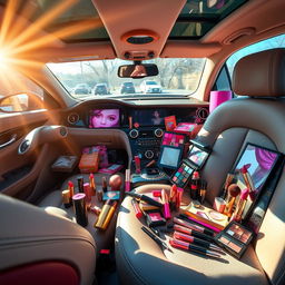 A vibrant, luxurious car interior filled with an extensive array of colorful makeup products