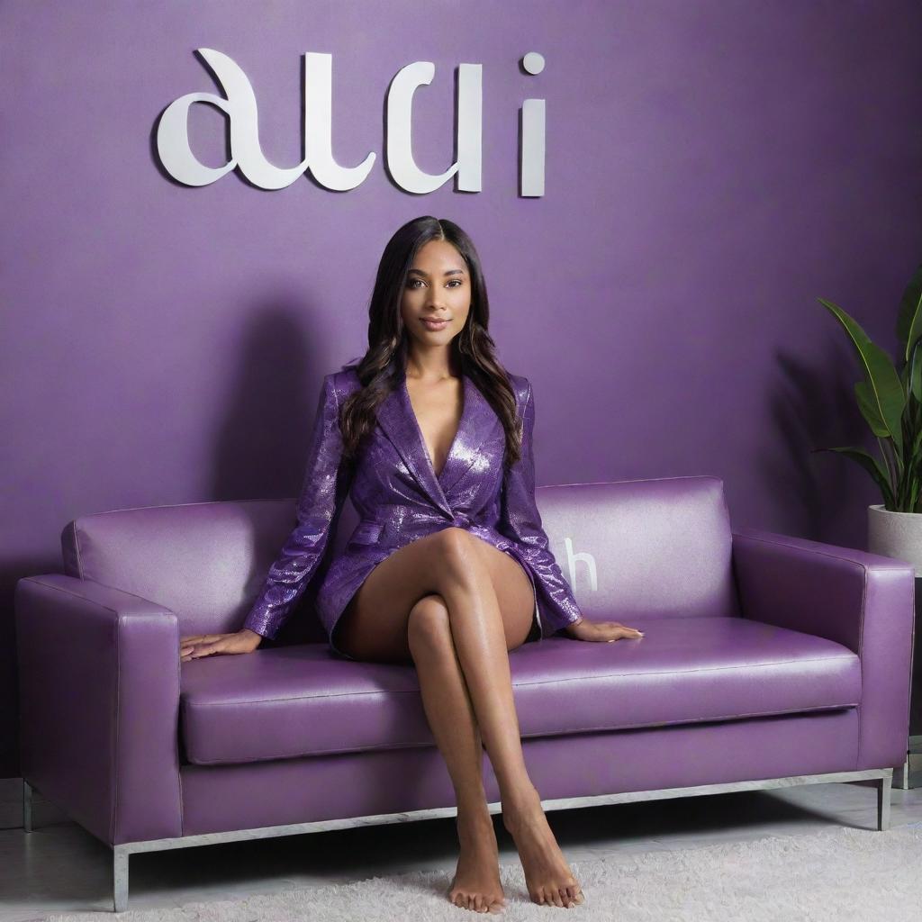 A stylish, purple-toned girl comfortably lounging on a sleek, gleaming modern couch, with the name 'SACHI' prominently displayed in the backdrop.