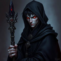 A drow wizard with flesh-colored skin and captivating red eyes, featuring short black hair