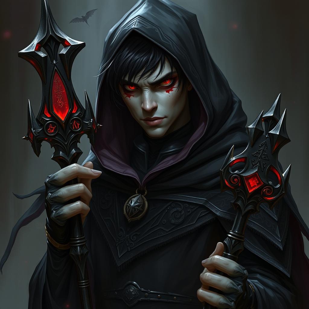 A drow wizard with flesh-colored skin and captivating red eyes, featuring short black hair