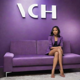 A stylish, purple-toned girl comfortably lounging on a sleek, gleaming modern couch, with the name 'SACHI' prominently displayed in the backdrop.