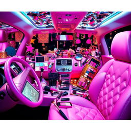 A vibrant, stylish interior of a car extravagantly adorned with various makeup products, including lipsticks, eyeshadows, blushes, and brushes scattered around