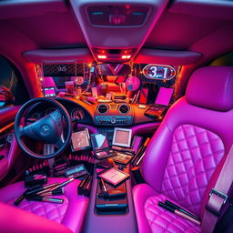 A vibrant, stylish interior of a car extravagantly adorned with various makeup products, including lipsticks, eyeshadows, blushes, and brushes scattered around