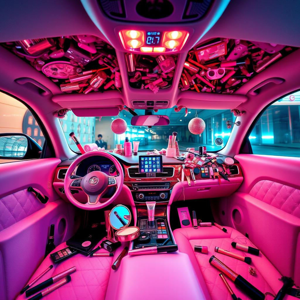 A vibrant, stylish interior of a car extravagantly adorned with various makeup products, including lipsticks, eyeshadows, blushes, and brushes scattered around