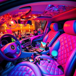 A vibrant, stylish interior of a car extravagantly adorned with various makeup products, including lipsticks, eyeshadows, blushes, and brushes scattered around