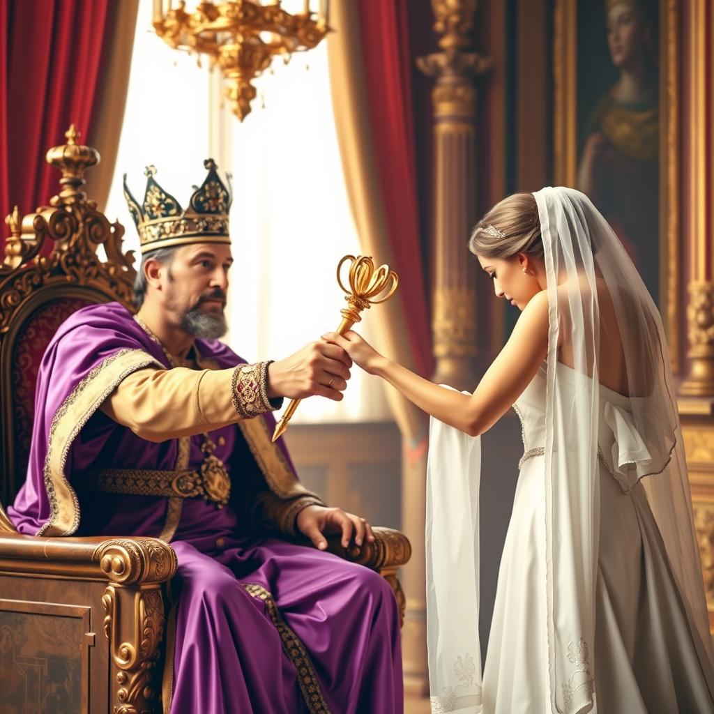 A scene featuring a tanned king dressed in royal purple clothing sitting on an ornate throne