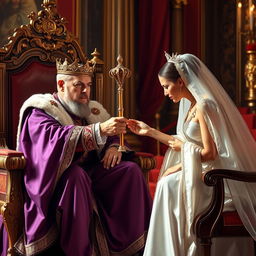 A scene featuring a tanned king dressed in royal purple clothing sitting on an ornate throne