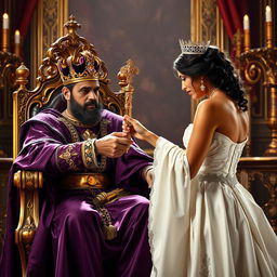 A scene featuring a tanned king dressed in royal purple clothing sitting on an ornate throne