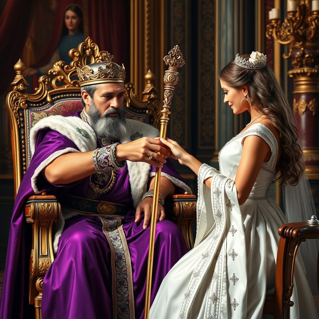 A scene featuring a tanned king dressed in royal purple clothing sitting on an ornate throne