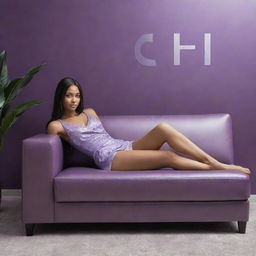 A stylish, purple-toned girl comfortably lounging on a sleek, gleaming modern couch, with the name 'SACHI' prominently displayed in the backdrop.