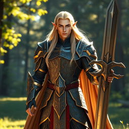 A noble high elf paladin standing tall in beautiful and intricately designed armor that gleams in the light, showcasing both elegance and strength