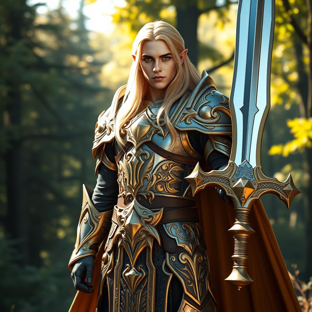 A noble high elf paladin standing tall in beautiful and intricately designed armor that gleams in the light, showcasing both elegance and strength