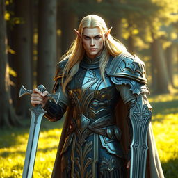 A noble high elf paladin standing tall in beautiful and intricately designed armor that gleams in the light, showcasing both elegance and strength