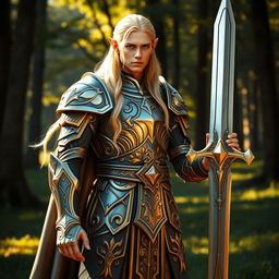 A noble high elf paladin standing tall in beautiful and intricately designed armor that gleams in the light, showcasing both elegance and strength