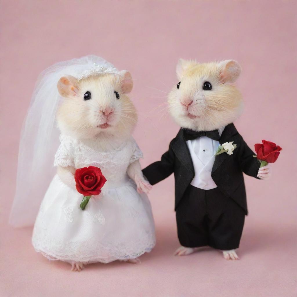 Two adorable hamsters dressed for a wedding. The bride hamster wears a tiny, intricate white lace dress and a miniature veil, while the groom hamster sports a sleek black tuxedo with a red rose boutonniere.