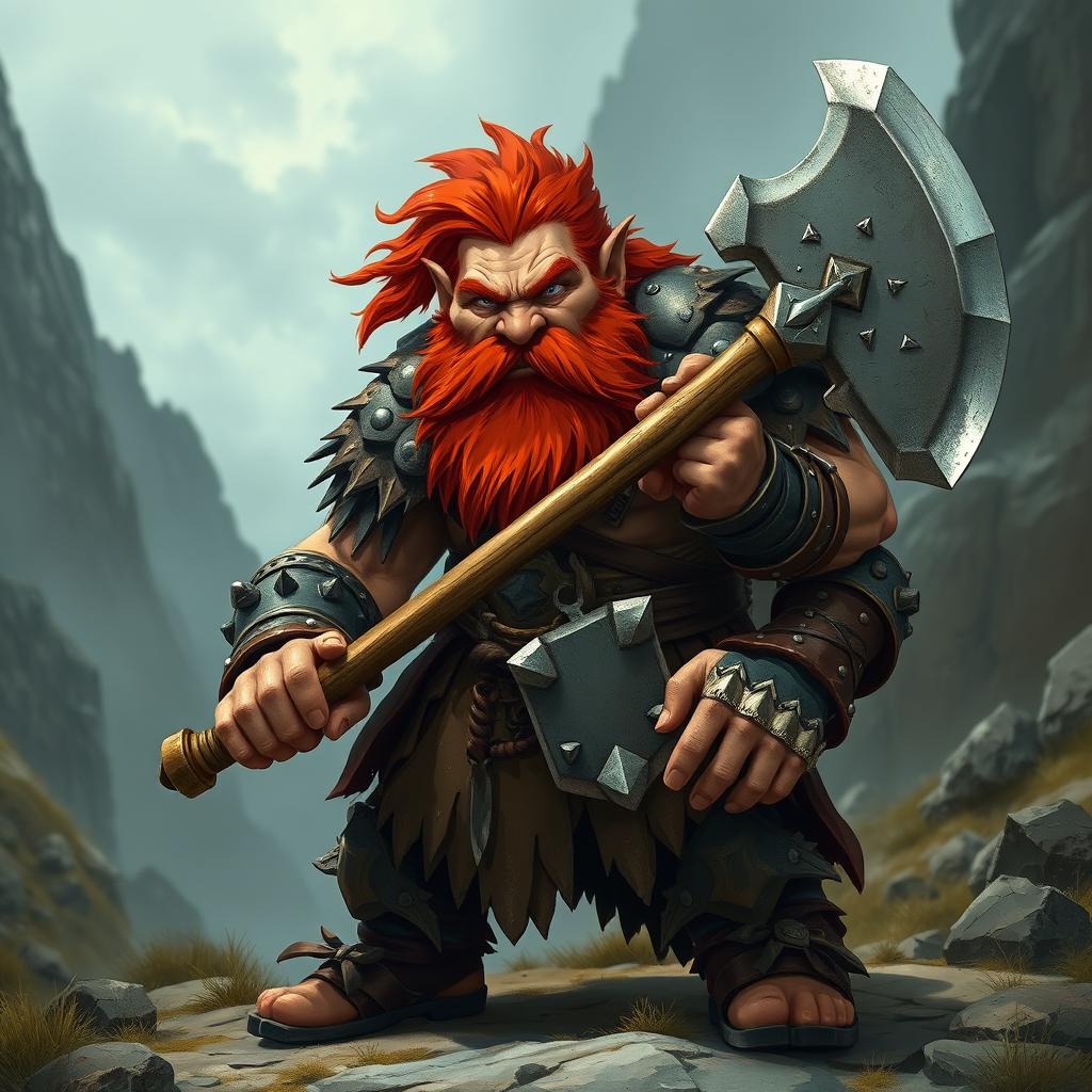 A fierce red-haired dwarf barbarian, showcasing his robust physique and battle-ready demeanor