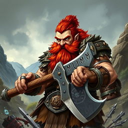 A fierce red-haired dwarf barbarian, showcasing his robust physique and battle-ready demeanor