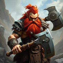 A fierce red-haired dwarf barbarian, showcasing his robust physique and battle-ready demeanor