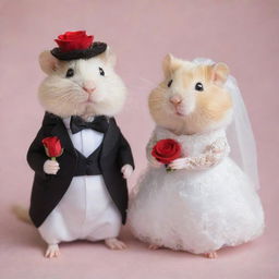 Two adorable hamsters dressed for a wedding. The bride hamster wears a tiny, intricate white lace dress and a miniature veil, while the groom hamster sports a sleek black tuxedo with a red rose boutonniere.