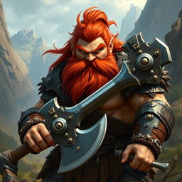 A fierce red-haired dwarf barbarian, showcasing his robust physique and battle-ready demeanor