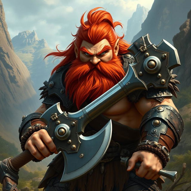 A fierce red-haired dwarf barbarian, showcasing his robust physique and battle-ready demeanor