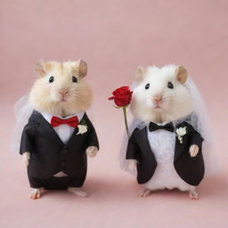 Two adorable hamsters dressed for a wedding. The bride hamster wears a tiny, intricate white lace dress and a miniature veil, while the groom hamster sports a sleek black tuxedo with a red rose boutonniere.