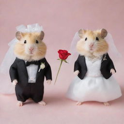 Two adorable hamsters dressed for a wedding. The bride hamster wears a tiny, intricate white lace dress and a miniature veil, while the groom hamster sports a sleek black tuxedo with a red rose boutonniere.