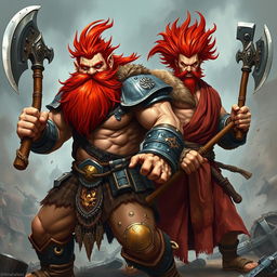 A dynamic scene featuring a red-bearded dwarf and a red-haired barbarian, both in a spirited combat-ready stance