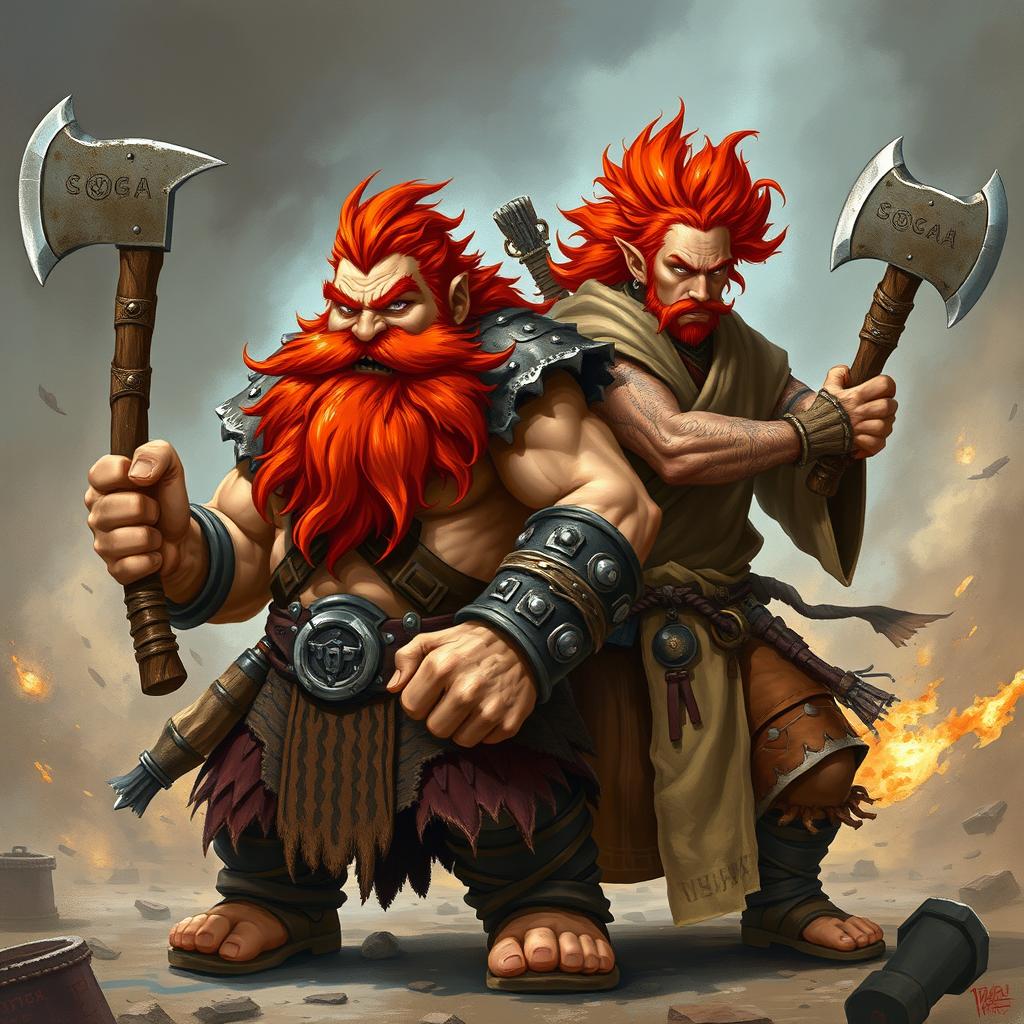 A dynamic scene featuring a red-bearded dwarf and a red-haired barbarian, both in a spirited combat-ready stance