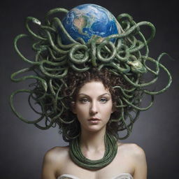 An artistic representation of Medusa, with her snake hair morphing into wires connected to various devices, signifying global networking. Around her is a globe, conveying the theme of worldwide connectivity.