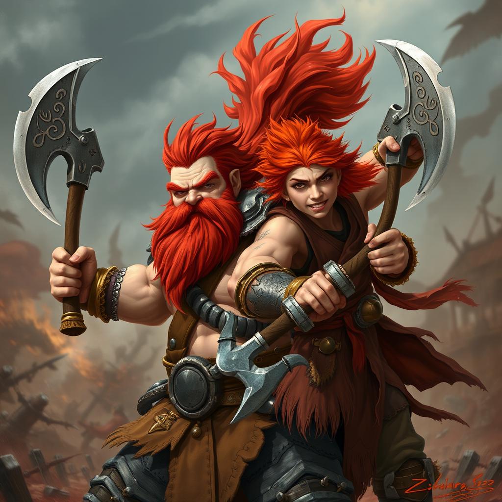 A dynamic scene featuring a red-bearded dwarf and a red-haired barbarian, both in a spirited combat-ready stance