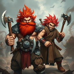 A dynamic scene featuring a red-bearded dwarf and a red-haired barbarian, both in a spirited combat-ready stance