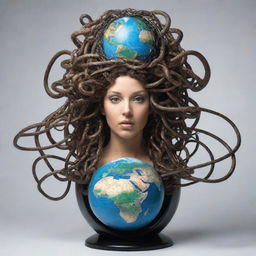 An artistic representation of Medusa, with her snake hair morphing into wires connected to various devices, signifying global networking. Around her is a globe, conveying the theme of worldwide connectivity.